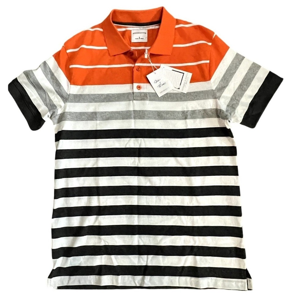 Stitches & Rivets Mens Striped Polo Shirt Orange Gray White Short Sleeve NWT